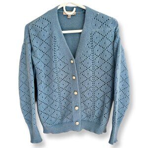 Nanette Lepore Blue Eyelet Knit Cardigan Sweater Faux Pearl Buttons Size Small